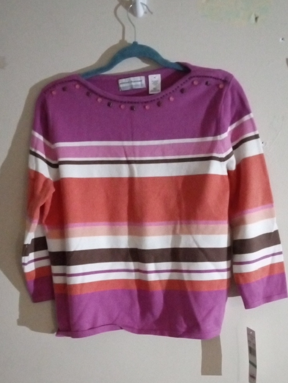 NWT Alfred Dunner Thick Stripe Top with Stud Trim Viscose Nylon Blend LP